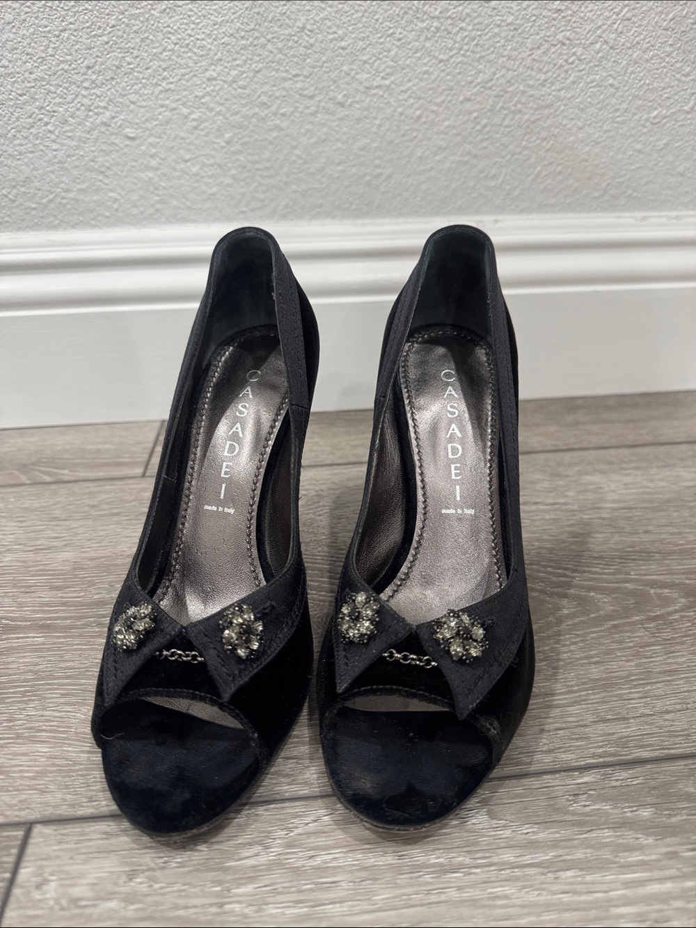 Casadei Black Peep-Toe Heels with Crystal Brooches